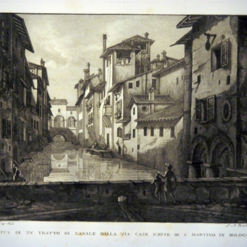 Fig. 1 Antonio Basoli, Veduta di un tratto di canale dalla via case nuove di San Martino in Bologna, Acquatinta, prima metà XIX secolo, Collezioni d’arte e di storia della Fondazione Carisbo.