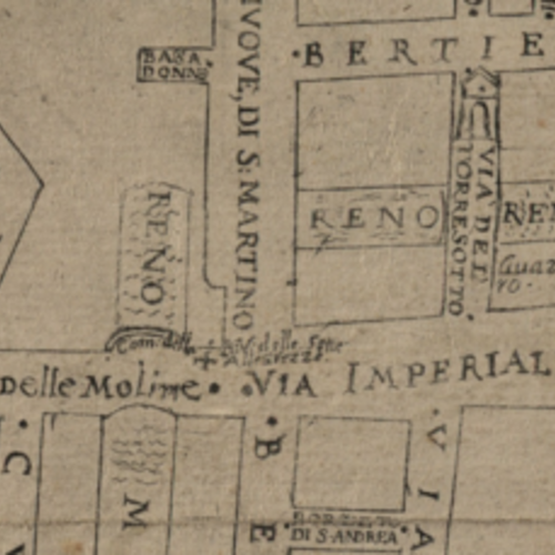 Fig. 2 Il luogo dove si trovava la compagnia di devoti alla Beata Vergine delle Sette Allegrezze, dettaglio da Agostino Mitelli, Bologna in pianta città del Papa, BCABo, metà del XVIII secolo.