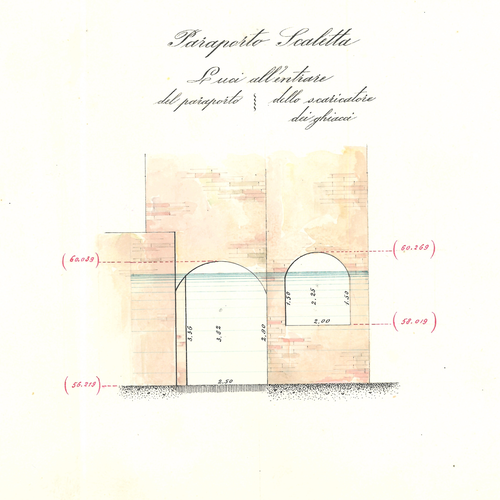 Fig. 3. Disegno delle luci all’ingresso delle due aperture sottostanti l’edificio, Ingegner Alfonso Saccenti, sezioni e manufatti, Archivio Canali di Bologna, 1902.