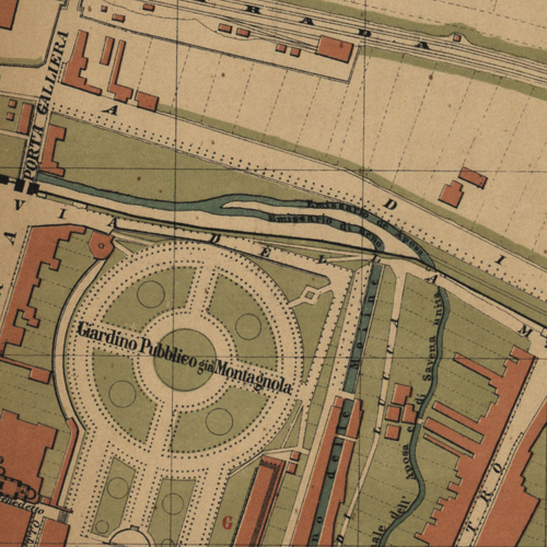 Fig. 4. Dettaglio da Mappa della città di Bologna, stampa di Giulio Wenk, Raccolta piante e vedute della città di Bologna, BCABo, 1878.