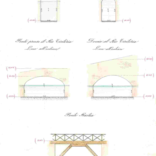 Sezione di vari manufatti tra cui il Ponte Bastia. Tavola realizzata dall'Ing. Saccenti, anno 1903, Archivio Consorzio Canali di Bologna
