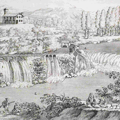 Fig. 4. La Chiusa di Casalecchio rappresentata nel volume di Domenico Guglielmini, Della natura de' fiumi, 1697. I punti AB corrispondono al piano superiore della Chiusa che crea il livello necessario nel fiume tale da deviare l’acqua nel canale di Reno al Boccaccio (punto G).