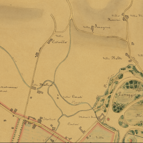 Fig. 2. Il Canale di Savena, il Rio Grotte e la Fossa Cavallina scorrono a cielo aperto a oriente dei Giardini Margherita, dettaglio del piano regolatore della città del 1889, Archivio del settore Piani e Progetti Urbanistici del Comune di Bologna.