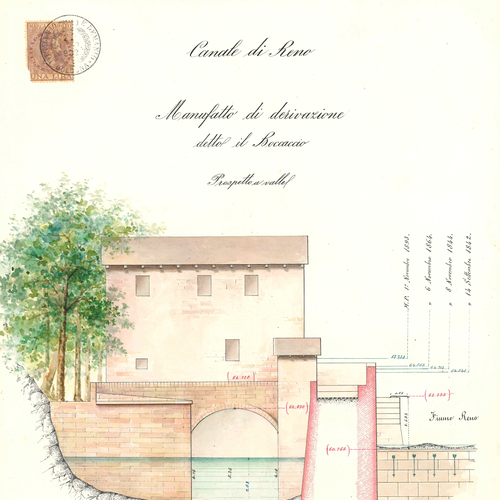 Fig. 2. Alfonso Saccenti, prospetto del Boccaccio la cui costruzione. Disegno tratto da Canale di Reno-Sezioni e manufatti, Archivio Canali di Bologna, 1902.
