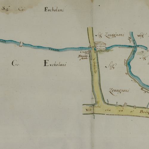 Fig. 2. Tratto del canale di Savena tra la fossa detta di Santa Margherita, corrispondente al Rio Grotte e la fossa Cavallina, carta storica dall’Archivio Canali di Bologna, XVIII secolo.