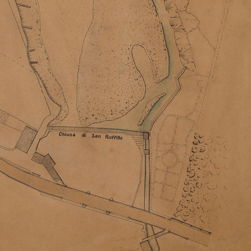 Fig. 5. Dettaglio con la Chiusa di San Ruffillo, l’incile e il primo paraporto tratto dalla planimetria del tratto de torrente Savena dal molino del Paleotto alla Chiusa di San Ruffillo, Ingegner Gaetano Stagni, Archivio Canali di Bologna, 1909.