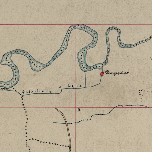 Fig. 2. Ingegner Alfonso Saccenti, dettaglio del quadro d’unione della Pianta generale dei terreni che si irrigano colle acque derivate dal canale di Reno superiormente alla Grada e dalle canalette Ghisiliera e delle Lame, Archivio Canali di Bologna, 1903.