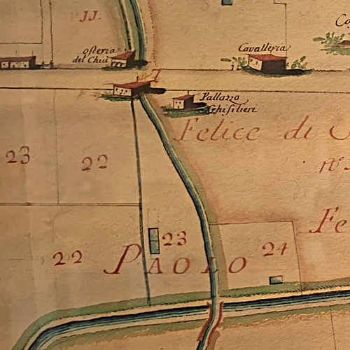 Fig. 2. Perito Giuseppe Casalgrandi Muratori, dettaglio dalla mappa che traccia l’Andamento del Canale di Reno e del Canale Navile all’esterno della città, Archivio Canali di Bologna, 1792.