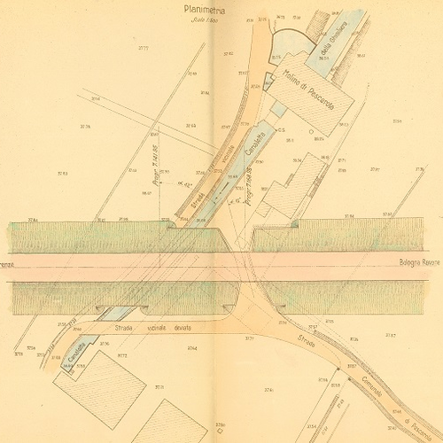 Fig. 2. Planimetria con il mulino della Pescarola, Archivio del Consorzio della Chiusa di Casalecchio e del Canale di Reno, carteggi, 187, fascicolo 6, Azienda aggregata Ghisiliera e Lame. Attraversamenti di condotti in frazione Bertalia con la cintura merci della direttissima, 1931-1932.