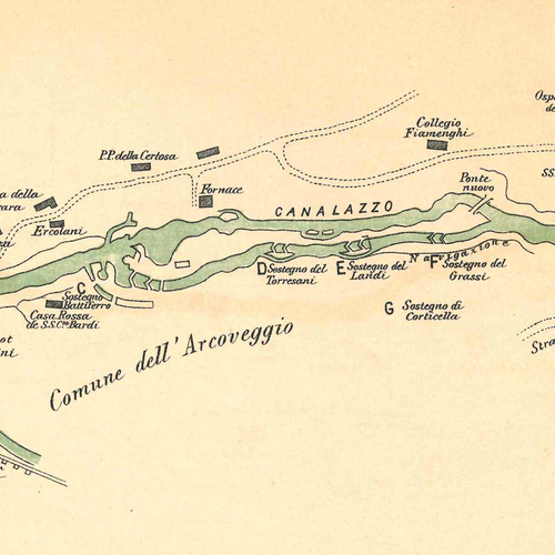 Fig. 2. Mappa che rappresenta il tratto di Canale Navile compreso tra il Sostegno della Bova e quello di Corticella tratta dal volume L'antica Navigazione Bolognese, Fulco Tosti di Valminuta tenente di vascello, II edizione, 1940, Archivio Canali di Bologna.