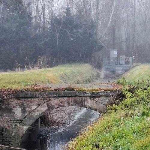 fig. 3. Ponticello in mattoni sulla canaletta Ghisiliera a monte della griglia di filtrazione, Archivio Canali di Bologna 2025