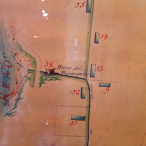 Fig. 3. Perito Giuseppe Casalgrandi Muratori, il mulino Borgognino vicino all’ansa creata un tempo dal fiume Reno, dettaglio della pianta che mostra l’Andamento del Canale di Reno e del Canale Navile all’esterno della città, Archivio Canali di Bologna, 1792.