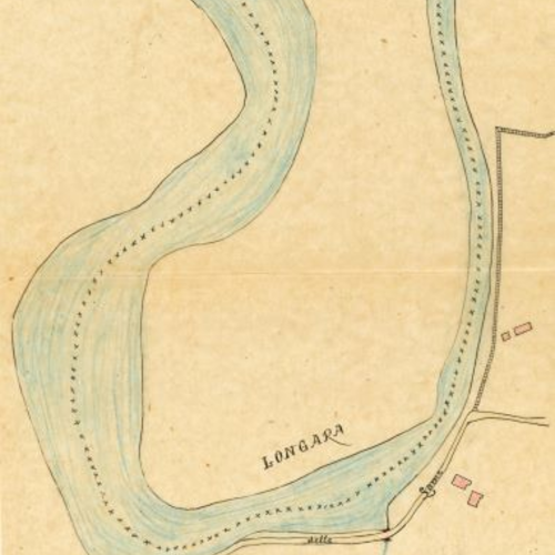 Fig. 4. Disegno all’interno del fascicolo con la Relazione tecnica sul funzionamento delle chiaviche di sbocco della canaletta Ghisiliera e del suo Canalazzo scaricatore e sulle variazioni avvenute nel regime del fiume Reno dopo il taglio detto del Rampionese, Archivio CCCR, Carteggi, 174, 1925.