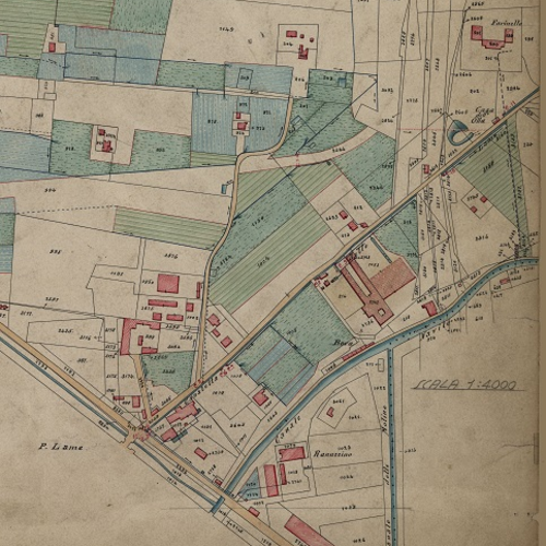 Fig. 4. Ingegner Alfonso Saccenti, Andamento della Canaletta delle Lame fuori porta, dettaglio da Pianta generale dei terreni che si irrigano colle acque derivate dal canale di Reno superiormente alla Grada e dalle canalette Ghisiliera e delle Lame..., Archivio Canali di Bologna, 1903.